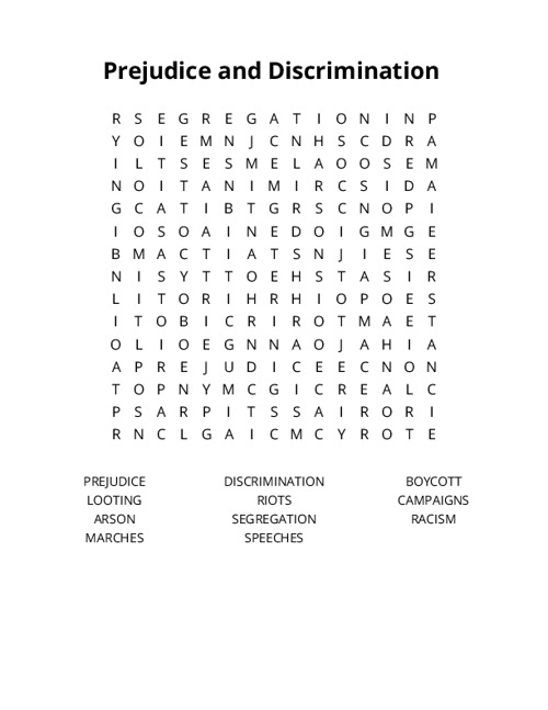 Prejudice and Discrimination Word Search Puzzle