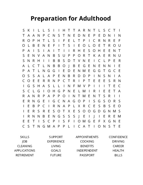 Preparation for Adulthood Crossword Puzzle