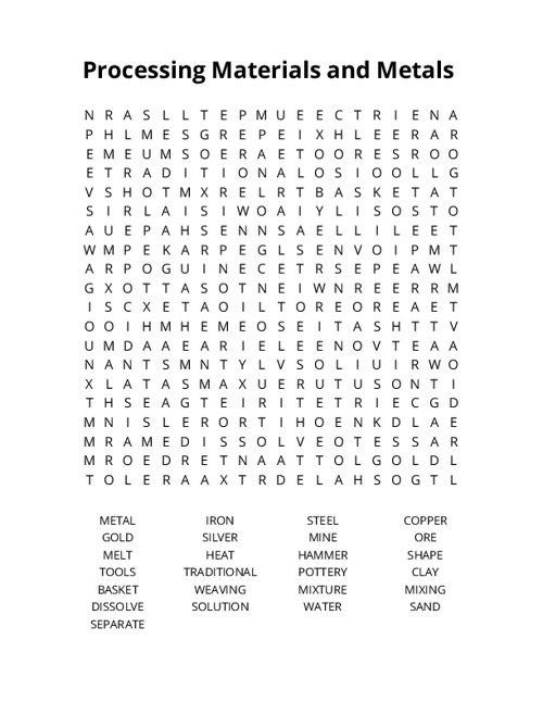 Processing Materials and Metals Crossword Puzzle