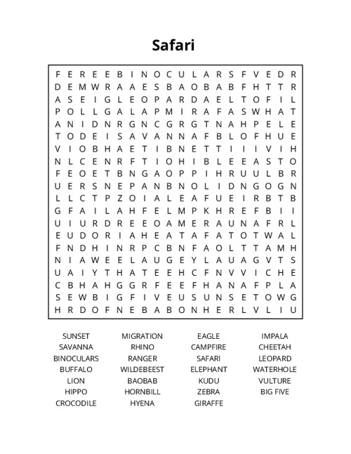 Safari Word Search Puzzle
