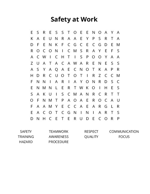 Safety at Work Crossword Puzzle
