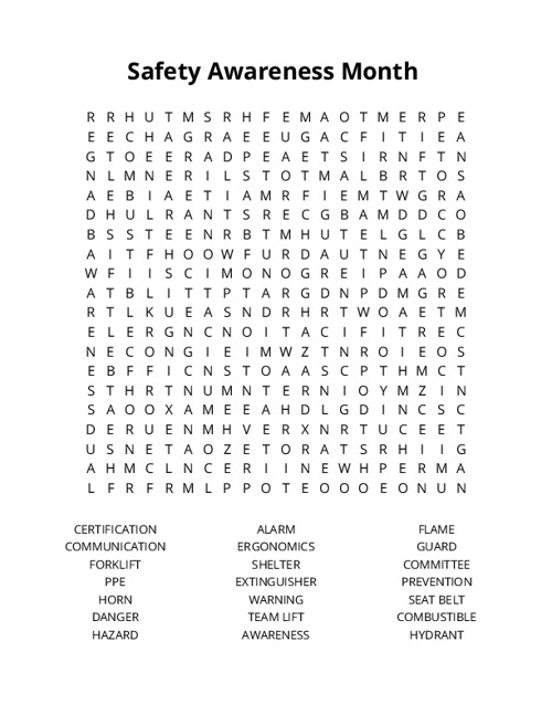 Safety Awareness Month Crossword Puzzle