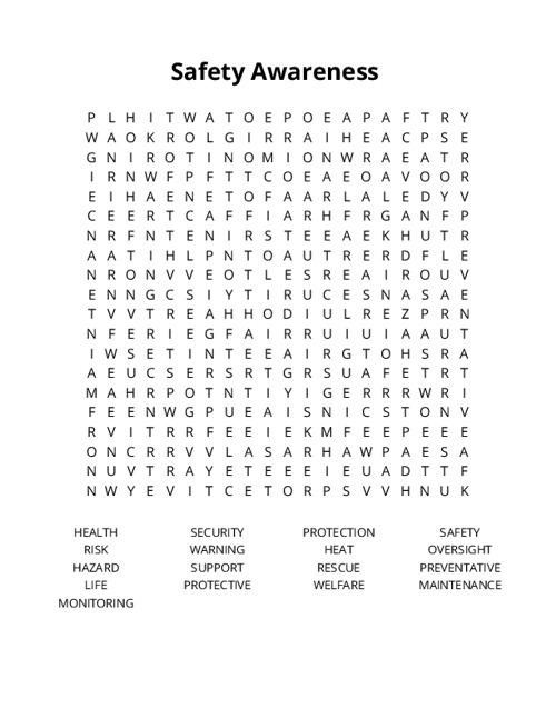Safety Awareness Crossword Puzzle