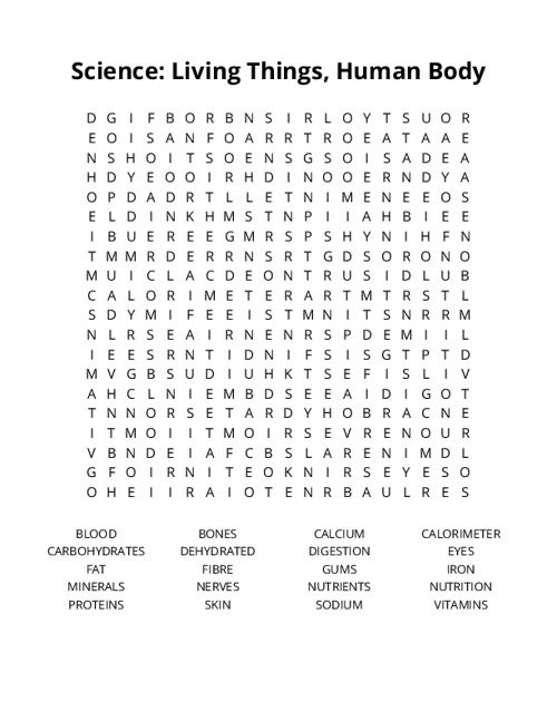 Science: Living Things, Human Body  Word Search Puzzle