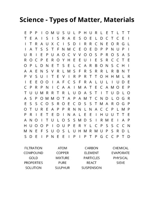 Science - Types of Matter, Materials  Word Search Puzzle