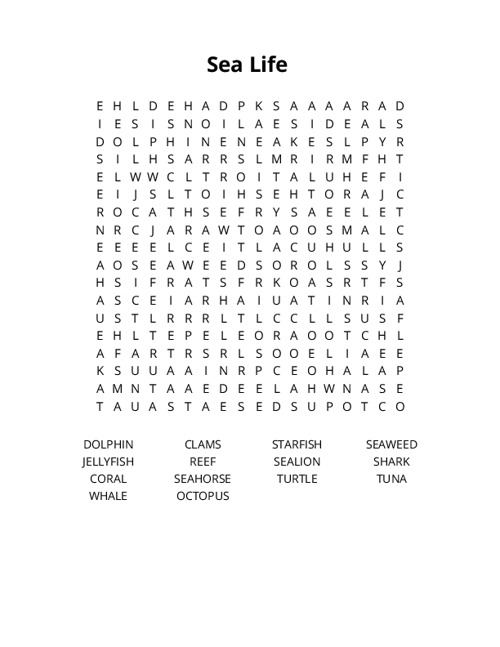 Sea Life Word Search Puzzle