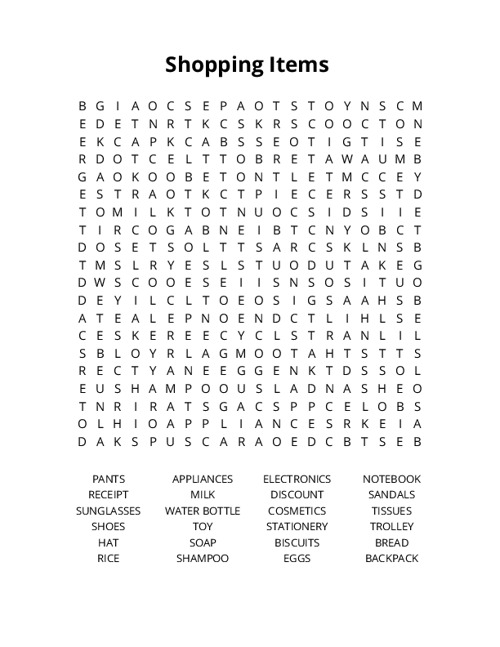 Shopping Items Crossword Puzzle