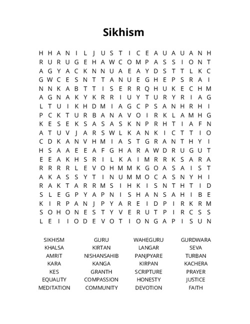 Sikhism  Word Search Puzzle
