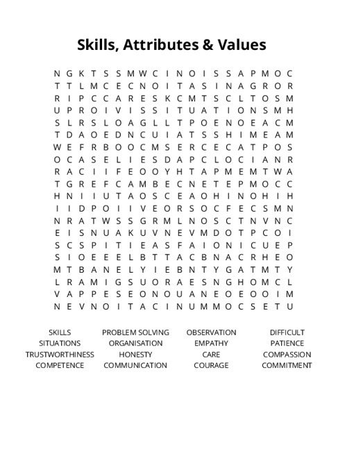 Skills, Attributes & Values Crossword Puzzle