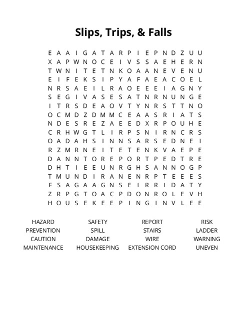 Slips, Trips, & Falls Crossword Puzzle
