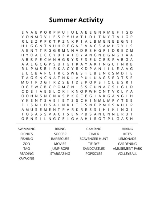 Summer Activity Crossword Puzzle