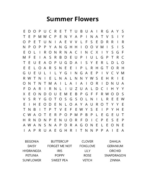Summer Flowers Word Search Puzzle