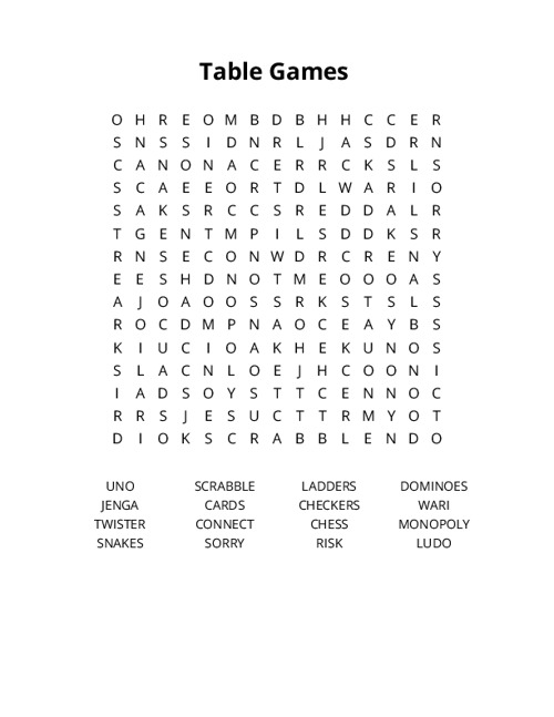 Table Games Crossword Puzzle