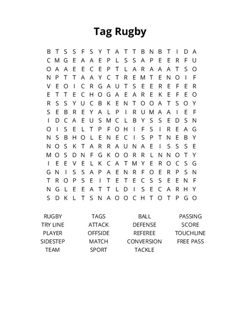 Tag Rugby Crossword Puzzle