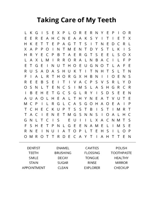 Taking Care of My Teeth Crossword Puzzle
