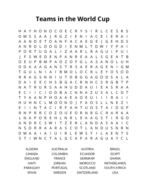 Teams in the World Cup Word Search Puzzle