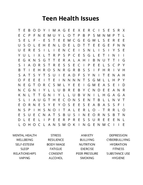 Teen Health Issues Crossword Puzzle