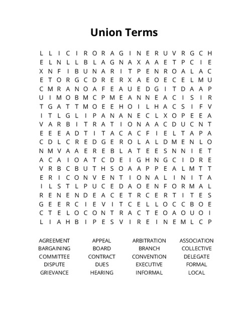 Union Terms Crossword Puzzle