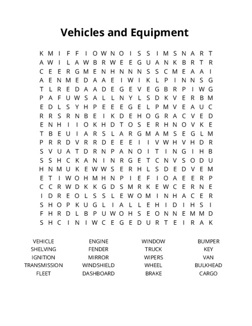 Vehicles and Equipment Crossword Puzzle