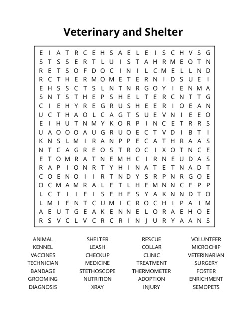 Veterinary and Shelter Crossword Puzzle