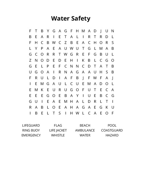Water Safety  Word Search Puzzle