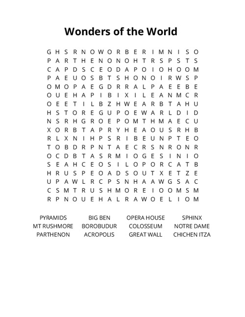 Wonders of the World Crossword Puzzle