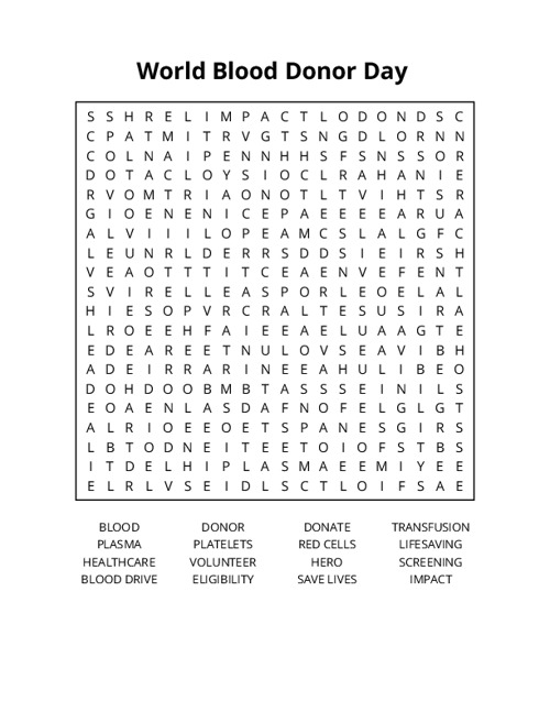 World Blood Donor Day Word Search Puzzle