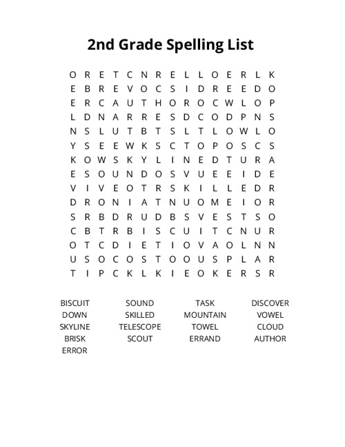 2nd Grade Spelling List Crossword Puzzle