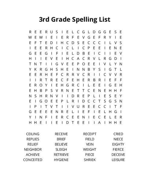 3rd Grade Spelling List Crossword Puzzle