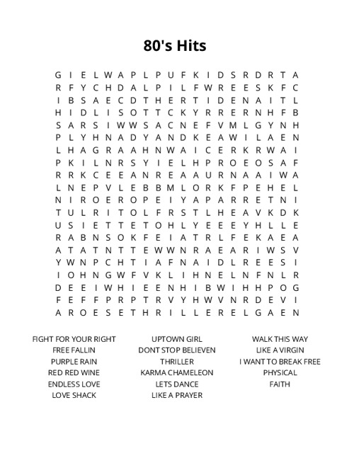 80s Hits Crossword Puzzle