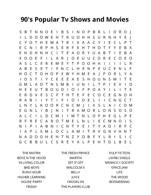90s Popular Tv Shows and Movies Crossword Puzzle