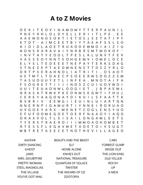 A to Z Movies Crossword Puzzle