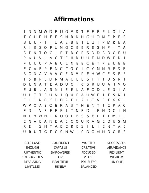 Affirmations Crossword Puzzle