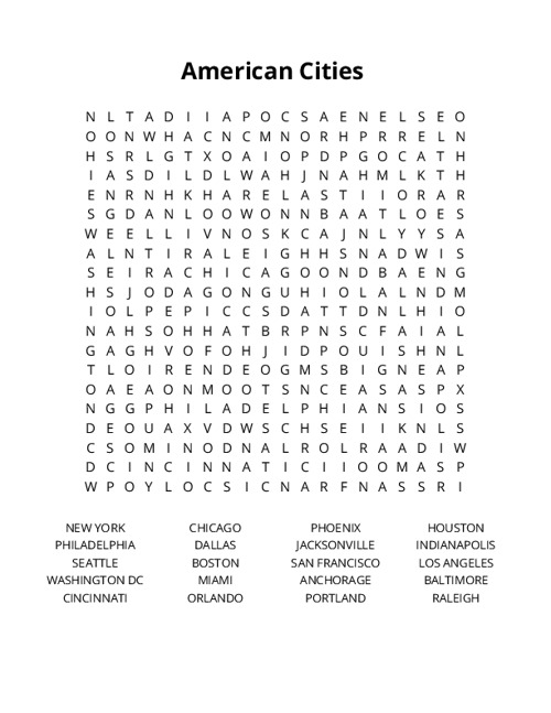 American Cities Word Search Puzzle