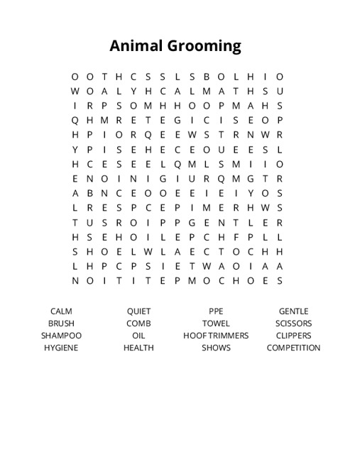 Animal Grooming Word Search Puzzle