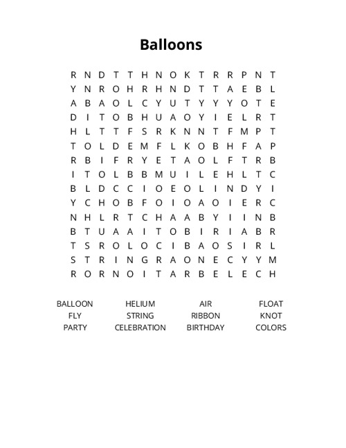 Balloons  Word Search Puzzle