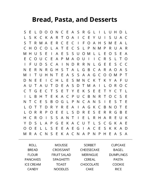 Bread, Pasta, and Desserts Crossword Puzzle