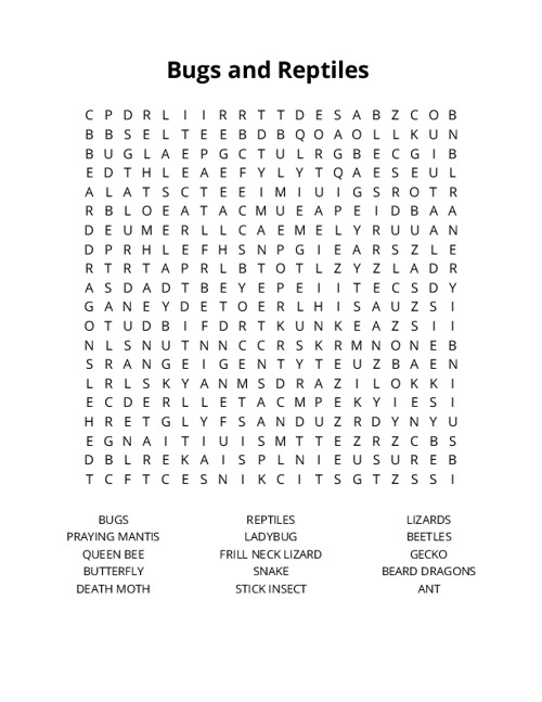 Bugs and Reptiles Word Search Puzzle