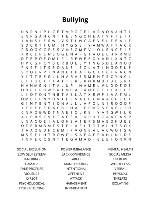 Bullying Crossword Puzzle