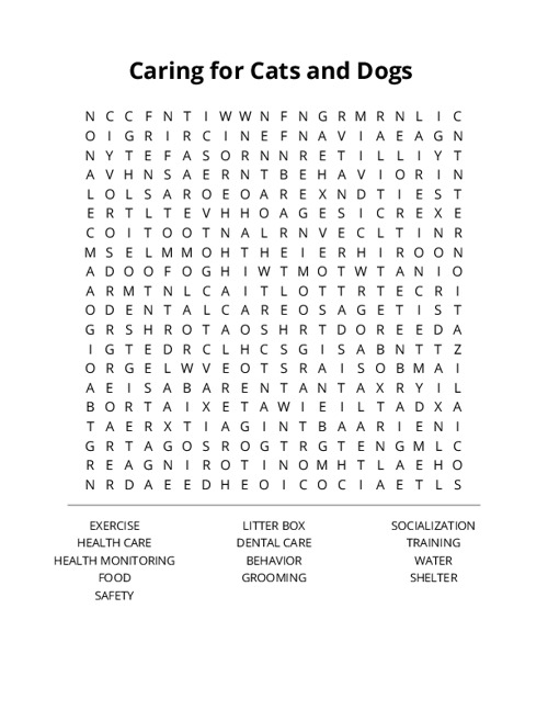 Caring for Cats and Dogs Word Search Puzzle