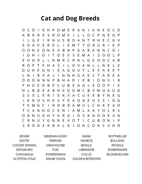 Cat and Dog Breeds Crossword Puzzle