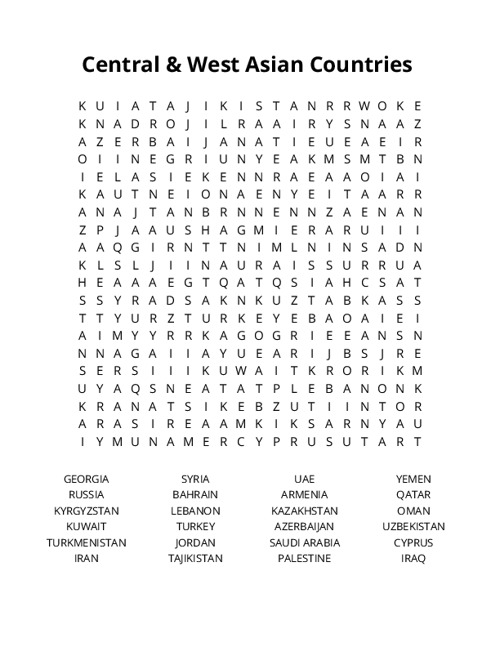 Central & West Asian Countries Crossword Puzzle