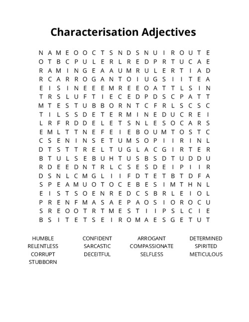 Characterisation Adjectives Crossword Puzzle