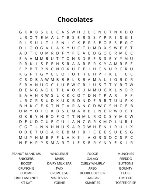 Chocolates Word Search Puzzle