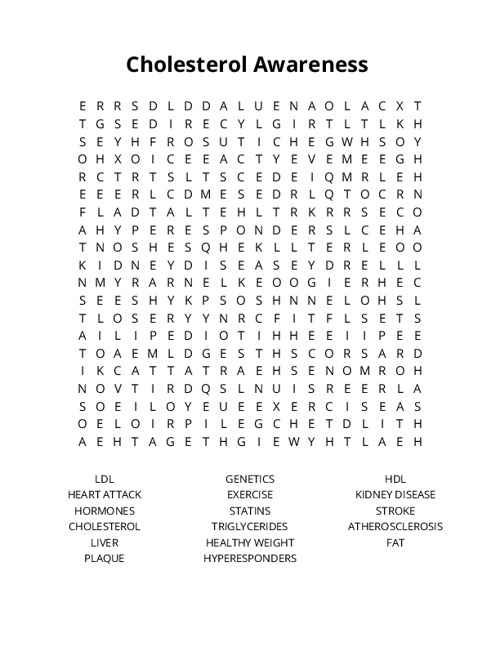 Cholesterol Awareness Crossword Puzzle