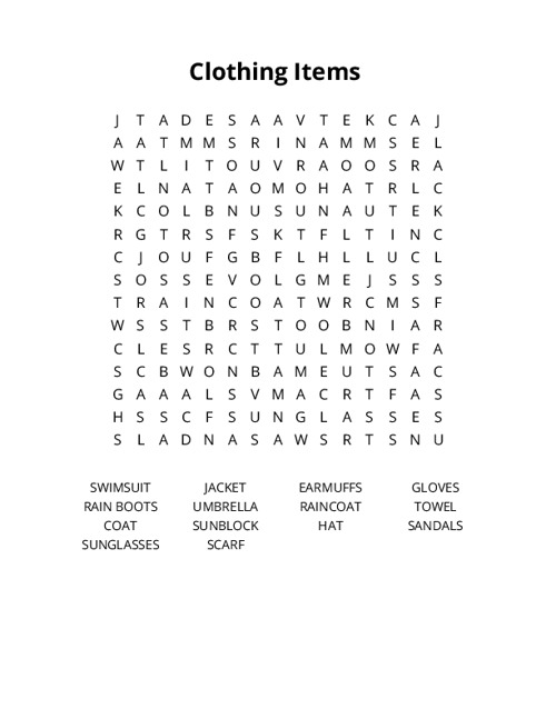 Clothing Items Crossword Puzzle