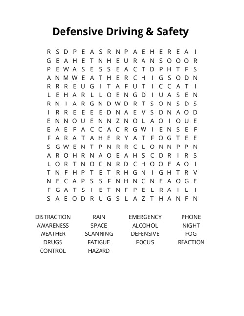 Defensive Driving & Safety Crossword Puzzle