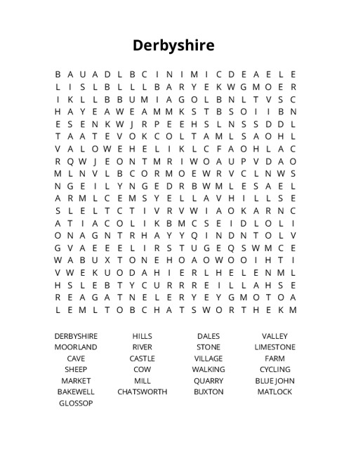 Derbyshire  Word Search Puzzle