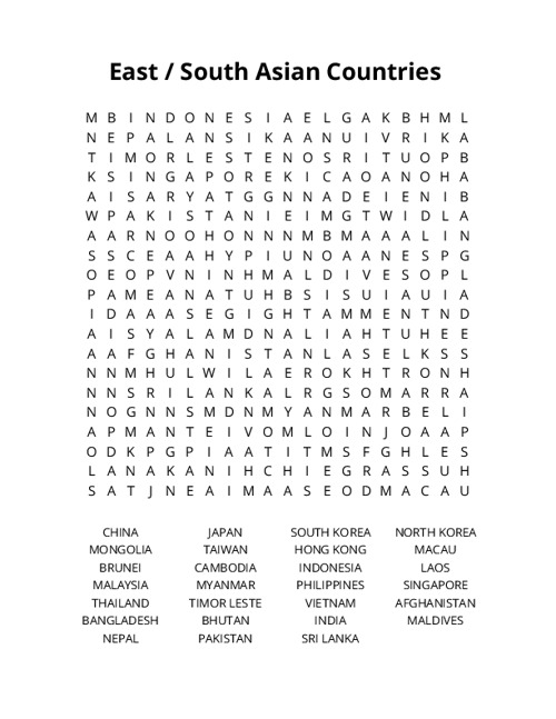 East / South Asian Countries Crossword Puzzle