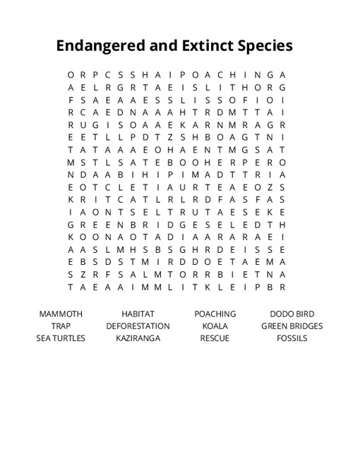 Endangered and Extinct Species Crossword Puzzle
